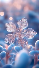 Fototapeta premium A close-up of an intricate ice crystal on a soft blue background, capturing the beauty of winter in stunning detail.