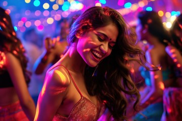 Naklejka premium Lively party scene with South Asian woman dancing in vibrant red dress on nightclub dance floor surrounded by friends and colorful lights creating energetic atmosphere.