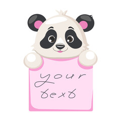 Сute children character Panda holding sticky note. Kids notebook page template, frame for photo, label, memo planner, gift tags, cards.