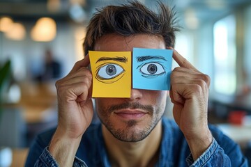 Man with Cartoon Eye Post-it Notes Covering His Eyes in Office