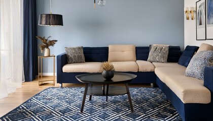 This navy blue living room features patterned carpet, beige sofa, and black table