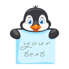 Сute children character Penguin holding sticky note. Kids notebook page template, frame for photo, label, memo planner, gift tags, cards.