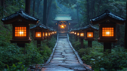 Lantern-lit pathways lead to a secluded Shinto shrine nestled in the forest.