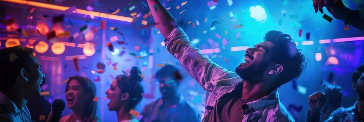 Joyful South Asian man dances on nightclub dance floor surrounded by young people having fun. Colorful lights create vibrant atmosphere and confetti fills the air.
