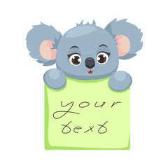 Сute children character Koala holding sticky note. Kids notebook page template, frame for photo, label, memo planner, gift tags, cards.