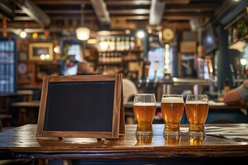 Cozy pub atmosphere invites friends to fun quiz night with chalkboard sign in foreground and glasses of beer awaiting participants. Wooden bar, stool, and wooden countertop create warm ambiance.