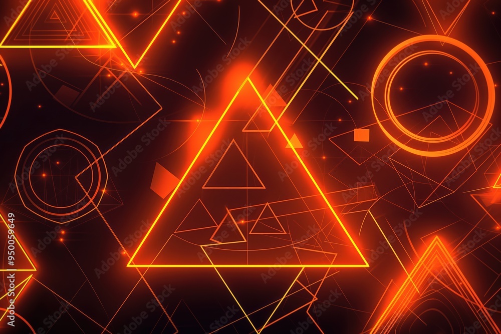 Aufkleber Neon orange geometric shapes glow in dynamic pattern against dark background. Vibrant triangles and circles create futuristic design, modern tech aesthetic.