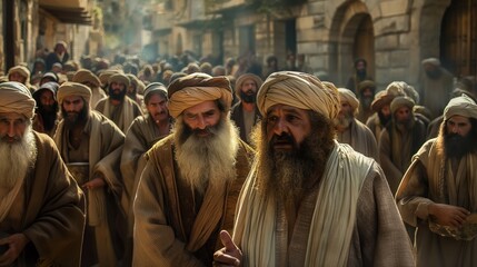 Old Jewish men in traditional clothing walk on a street in Israel. One man wears a yarmulke and holds a prayer shawl. The scene is set against a background of ancient stone buildings.
