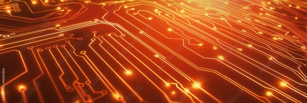 Poster Orange circuit board pattern with glowing lines on a high-tech digital background. Futuristic design concept featuring abstract electronic network connections and motherboard layout.