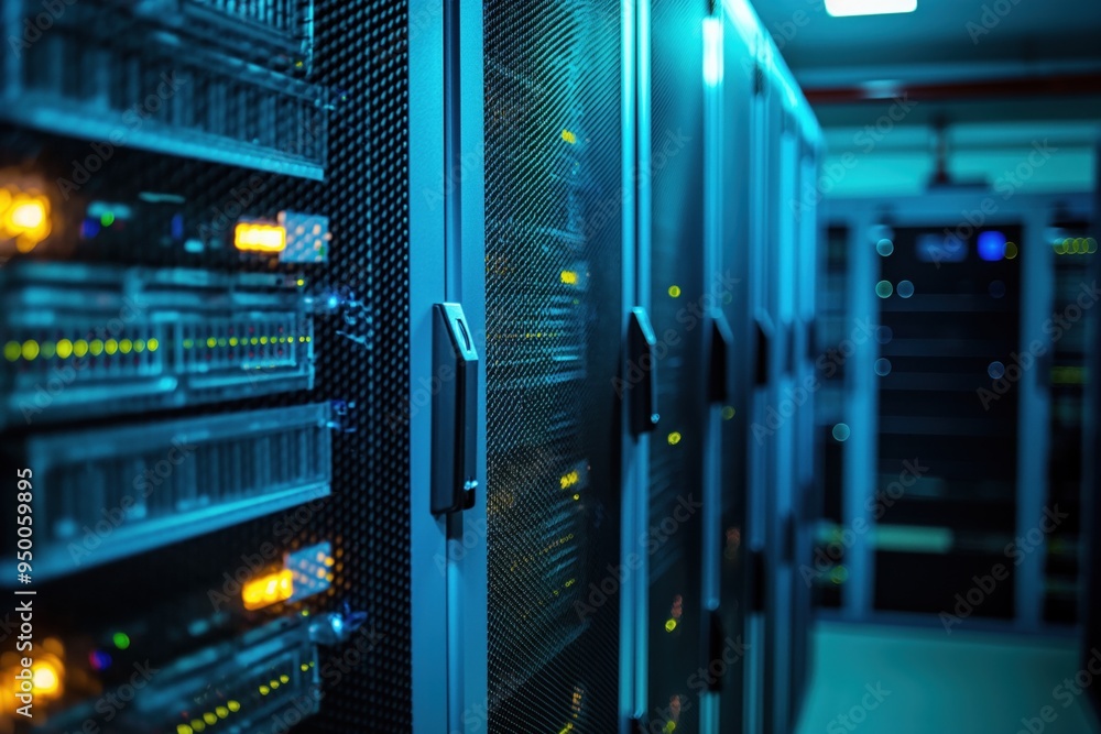 Poster data center server room with multiple computer racks storing network equipment in a controlled envir