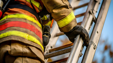 Firefighter Ascending Ladder in Emergency Rescue