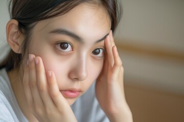 Young Asian woman looks tired with dark circles under her eyes. Her face appears puffy and swollen. She seems stressed and sleepless, possibly suffering from insomnia or fatigue.