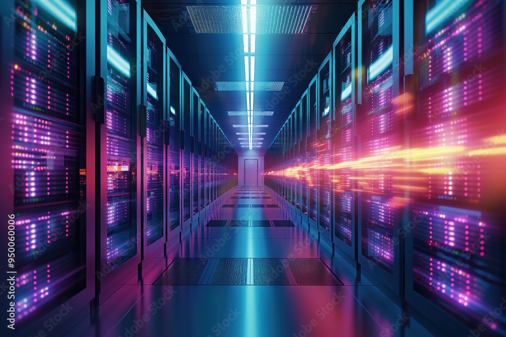 Poster data center room with bright speed lights and neon accents. servers and computer systems in a modern