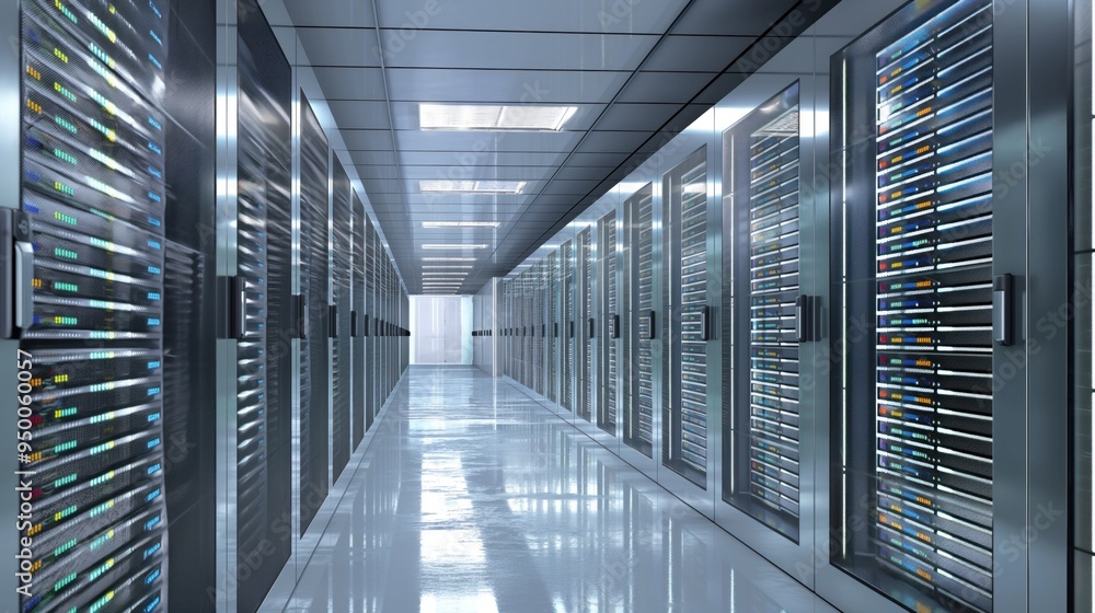 Poster high-tech server room data center with rows of computer racks, servers, network equipment. three-dim