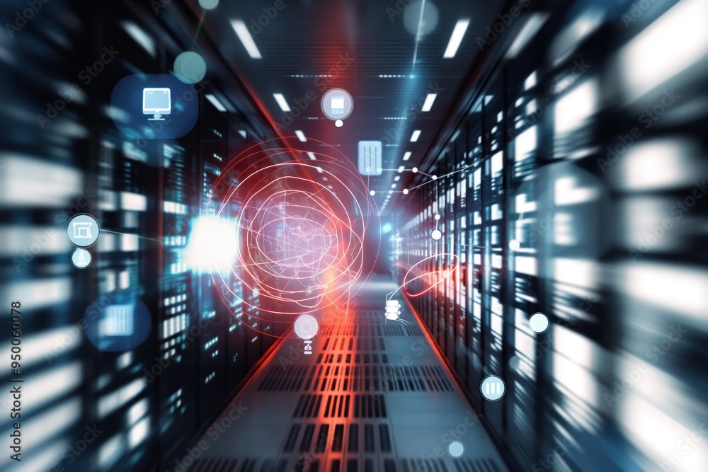 Poster abstract dynamic data center illustration with digital hud overlays. big data, ai background.