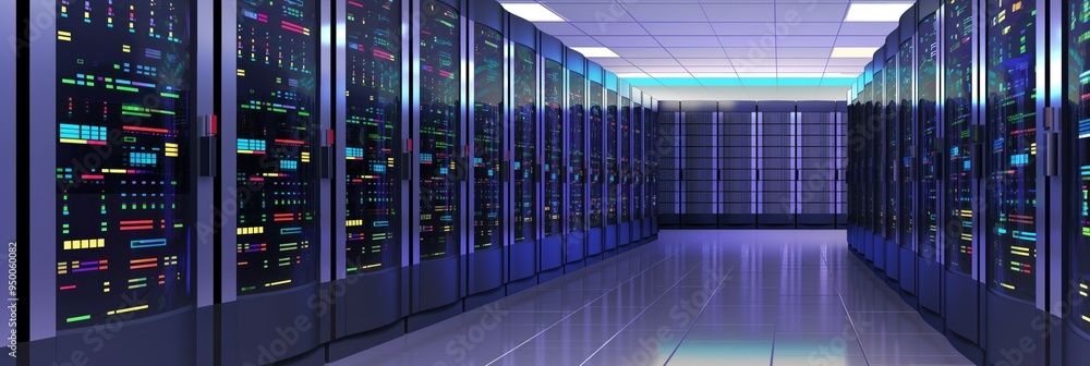 Poster data center server room features multiple computer racks with storage equipment, mainframe systems, 