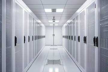 Long white hallway with computer server doors. Gray tile floor provides contrast to white walls and black doors. Small window at end of hall allows natural light to enter.