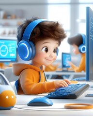 Cute cartoon boy wearing headphones, learning computer skills.