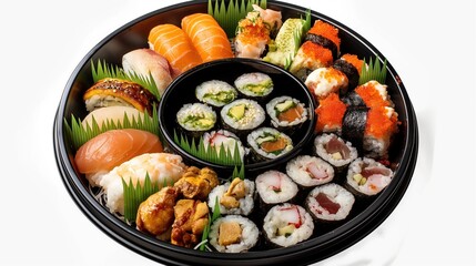 Round black bowl contains various delicious fresh sushi in take away food setting. Isolated on white background, round sushi box holds salmon, wasabi, tuna, rice, other Japanese seafood delicacies.