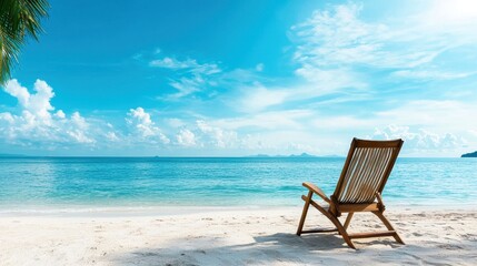 A tranquil beach scene featuring a wooden chair overlooking a calm ocean under a bright blue sky.