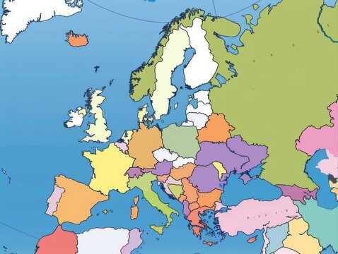 A colorful map of Europe with the countries of France, Germany, Italy, and the United Kingdom