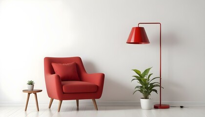 A red armchair with a red lamp and a potted plant in a minimalist living room setting.