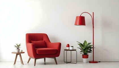 A red armchair with a red lamp and a potted plant in a minimalist living room setting.