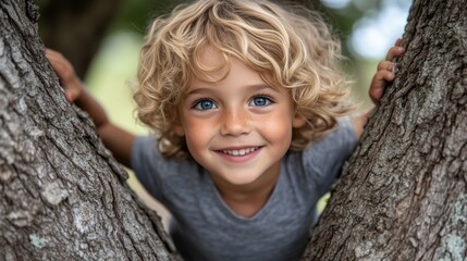 A close-up shot of a young child climbing a tree, showcasing their hands gripping onto the rough bark.