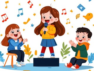 Three children singing and clapping on stage with musical notes and stars.