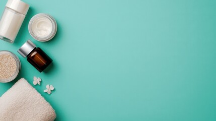 Beautiful arrangement of skincare products on a turquoise background, perfect for promoting beauty and wellness themes.