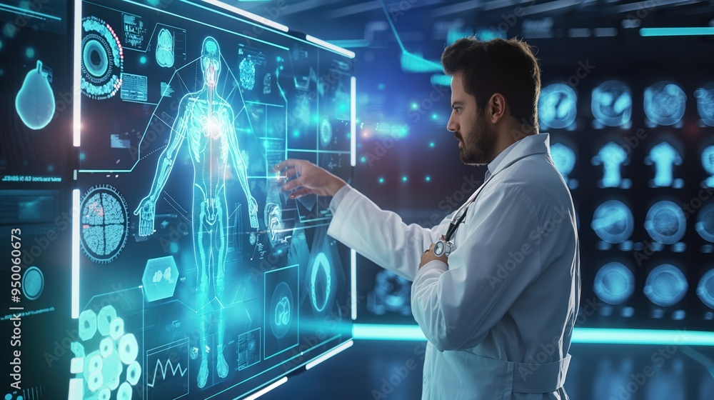 Poster Doctor in futuristic medical setting with digital screen, virtual interface, molecular structures. Man in lab coat, pro, specialist, examining data on computer monitor. Advanced medical technology,
