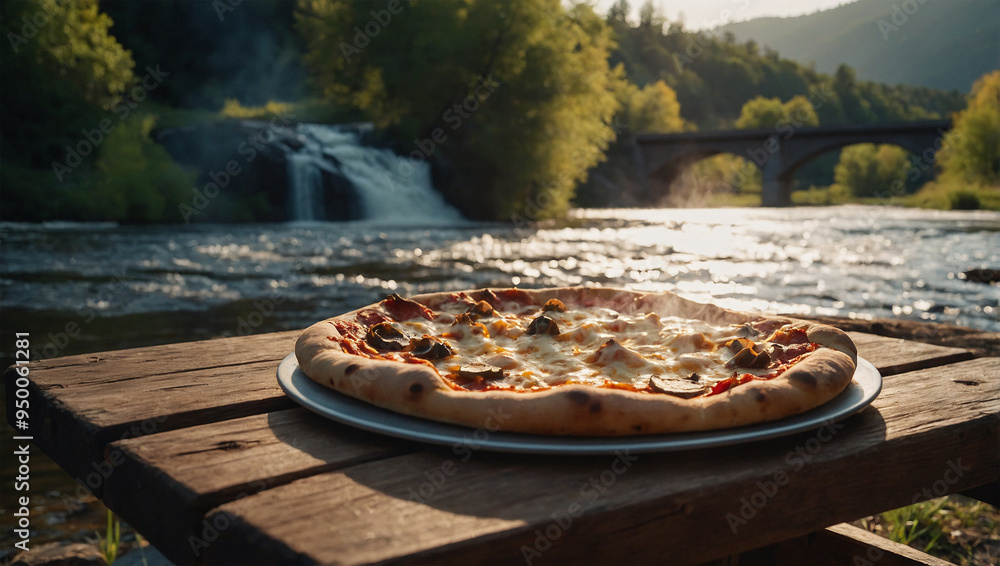 Wall mural Hot, freshly baked pizza with melted cheese and smoke wafting up, on a picnic table by a gently flowing river.