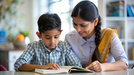 Indian Teacher Helping Student with Reading Comprehension
