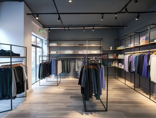 Fashion clothing shop interior with colorful clothes on display. Various garments hang from racks, hooks. Mannequins stylish outfits. Female clothing, casual attire on display. Boutique style with