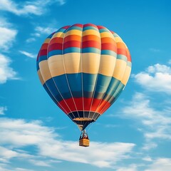 Obraz premium Vibrant Multi-Colored Balloon Soaring Against Blue Sky, Reflecting Sunlight and Creating