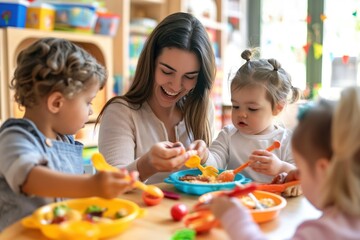Fototapeta premium Young beautiful teacher interacts with happy toddlers playing with plastic food, cutlery toy at kindergarten. Colorful scene of educational playtime with children learning eating skills. Messy play