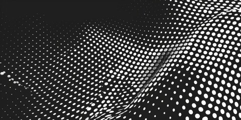 A black and white image of a wave with many dots. The dots are scattered all over the image, creating a sense of movement and energy. The image conveys a feeling of motion and fluidity