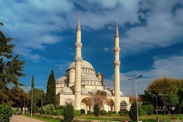 Fototapeta premium Hagia Sophia, Istanbul, Turkey. Large ornate building with domed roof, two towering minarets. Grand structure dominates scene from low angle. Clear blue sky provides backdrop to architectural marvel.
