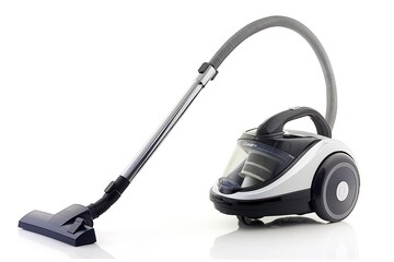 Vacuum cleaner isolated on white background. Electric sweeper with, cord. Modern home appliance for cleaning floor, carpet, dust. Suction tool for household chores, domestic work, indoor cleaning.