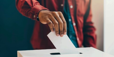 Obraz premium A person is putting a white piece of paper into a voting box. The person is wearing a red shirt