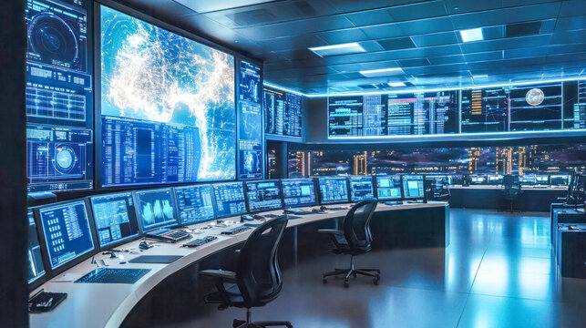 High-tech control room with multiple monitors displaying data, maps, and analytics, symbolizing surveillance, technology, and security operations