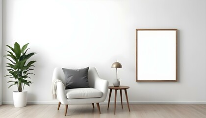 A white armchair with wooden legs in a minimalist room with a large empty white frame on the wall.