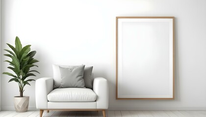 A white armchair with wooden legs in a minimalist room with a large empty white frame on the wall.