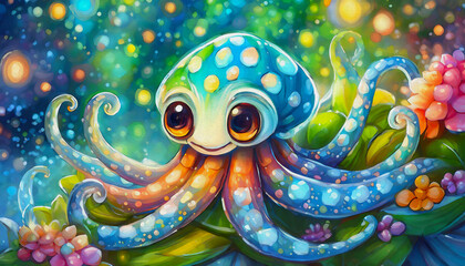 Fototapeta premium oil painting style cartoon character Glowing Octopus With Illuminated Eyes and Tentacles DEEP SEA