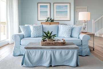 Coastal themed living room with sky blue loveseat, driftwood coffee table - seaside home aesthetics