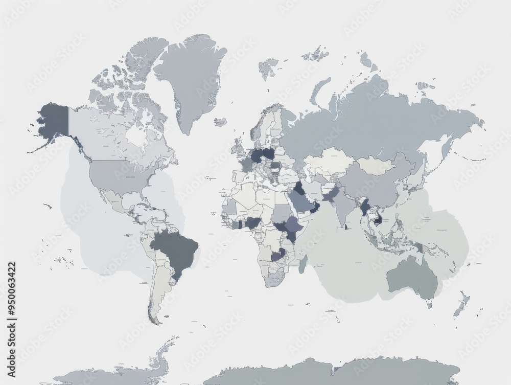 Wall mural a world map with many countries and regions. the map is grey and white