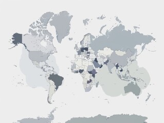 A world map with many countries and regions. The map is grey and white