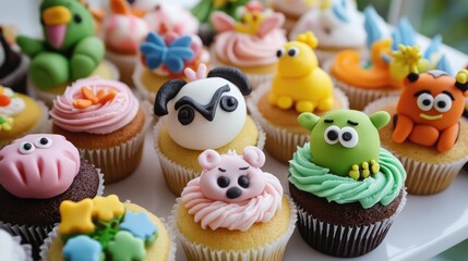 A variety of cupcakes decorated with different themes, perfect for a party buffet.