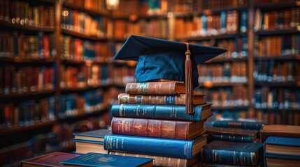 A black graduation cap sits atop a stack of old books in a library.