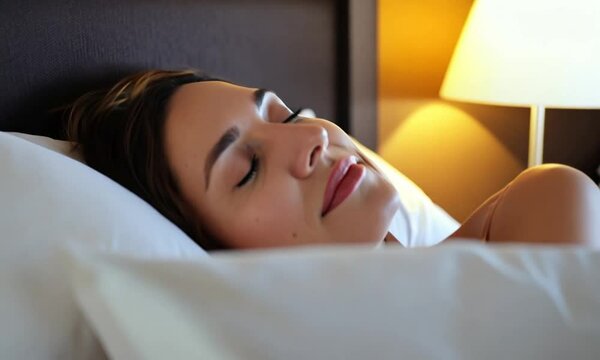 a woman trying to sleep in hotel with a warm lighting, processing to sleep and smiling, shot from side angle